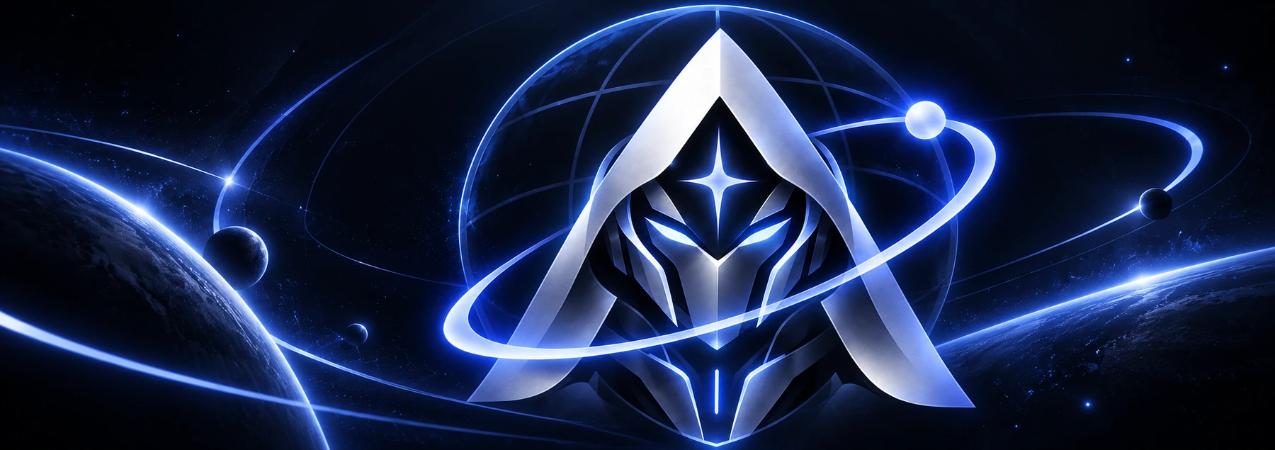 Original Atlas identity: silver emblem and electric-blue orbital rings on a near-black background